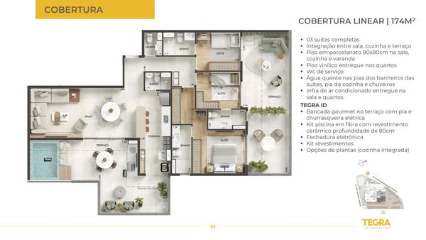 Planta cobertura 174 m² 3 suítes